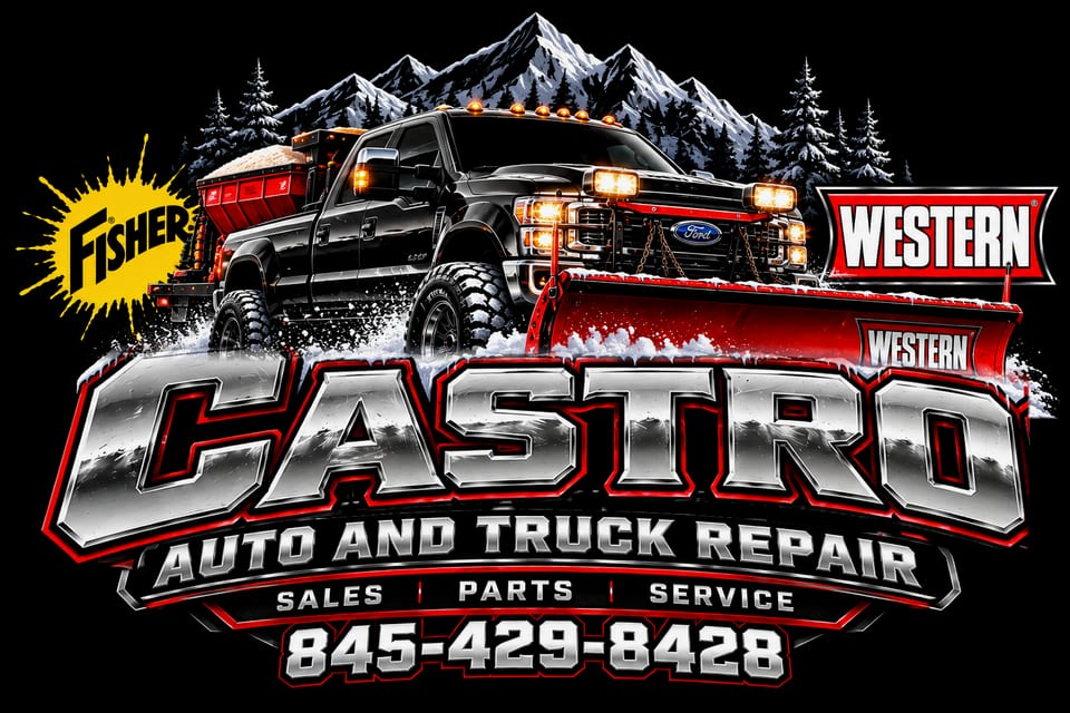Black Ford pickup with a red Western snow plow and a salt spreader pushing through snow beneath snowy mountains, above the chrome Castro Auto and Truck Repair logo: Sales, Parts, Service, 845-429-8428.