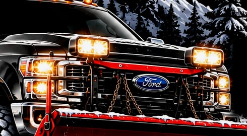 Front of a black Ford pickup with auxiliary plow lights, amber roof lights, and a red plow frame.