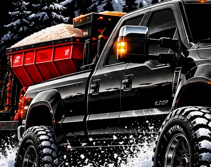 Red tailgate salt spreader loaded with salt in the bed of a black pickup.